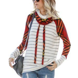 Striped Knit Cowl Neck Hoodie Sweatshirt Top
